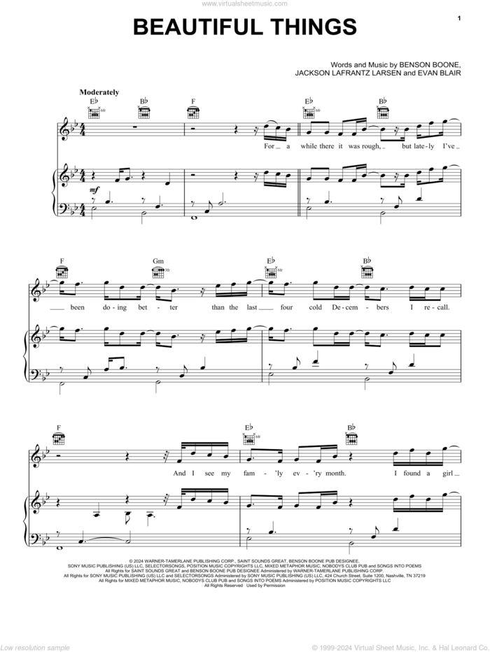 Beautiful Things sheet music for voice, piano or guitar by Benson Boone, Evan Blair and Jackson Lafrantz Larsen, intermediate skill level