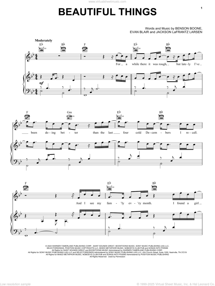 Beautiful Things sheet music for voice, piano or guitar by Benson Boone, Evan Blair and Jackson Lafrantz Larsen, intermediate skill level