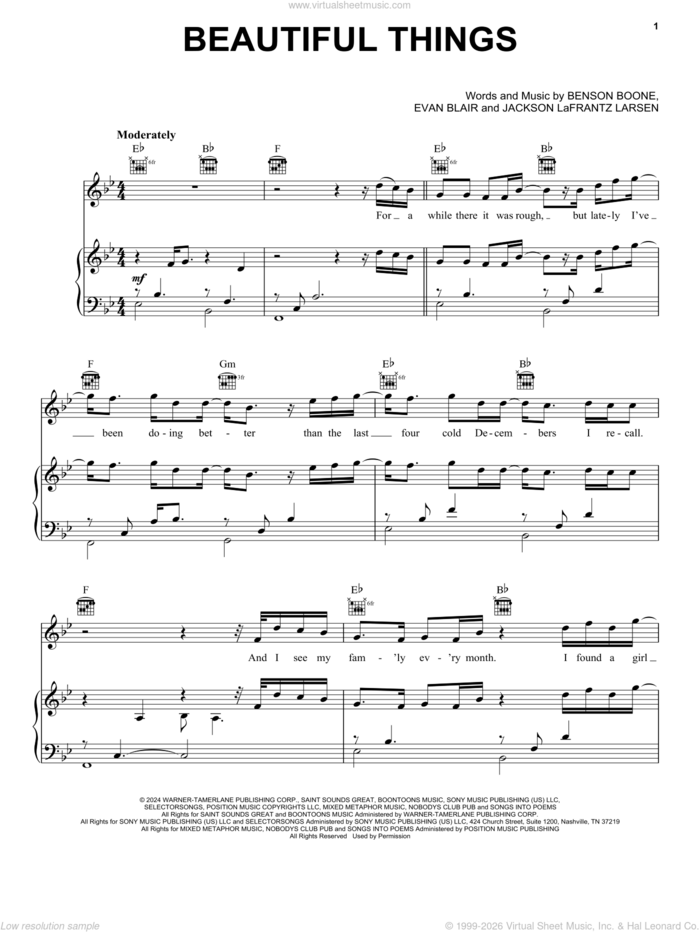 Beautiful Things sheet music for voice, piano or guitar by Benson Boone, Evan Blair and Jackson Lafrantz Larsen, intermediate skill level