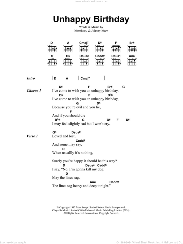 Unhappy Birthday sheet music for guitar (chords) by The Smiths, Johnny Marr and Steven Morrissey, intermediate skill level