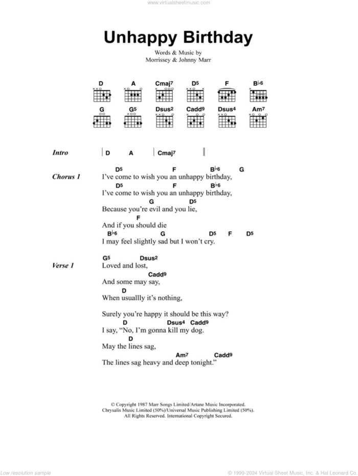 Unhappy Birthday sheet music for guitar (chords) by The Smiths, Johnny Marr and Steven Morrissey, intermediate skill level