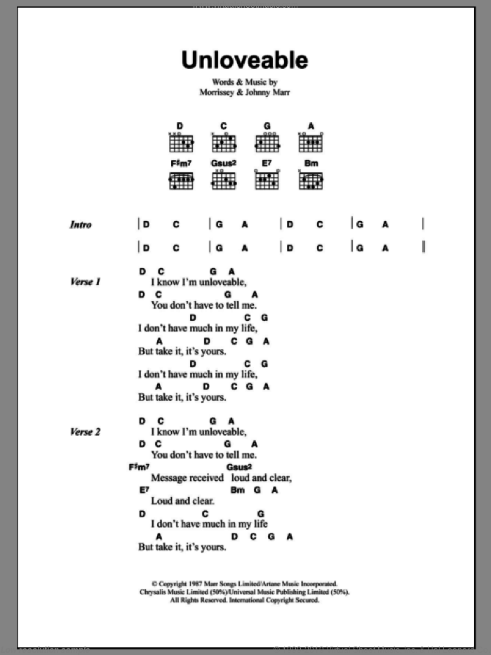 Unloveable sheet music for guitar (chords) by The Smiths, Johnny Marr and Steven Morrissey, intermediate skill level