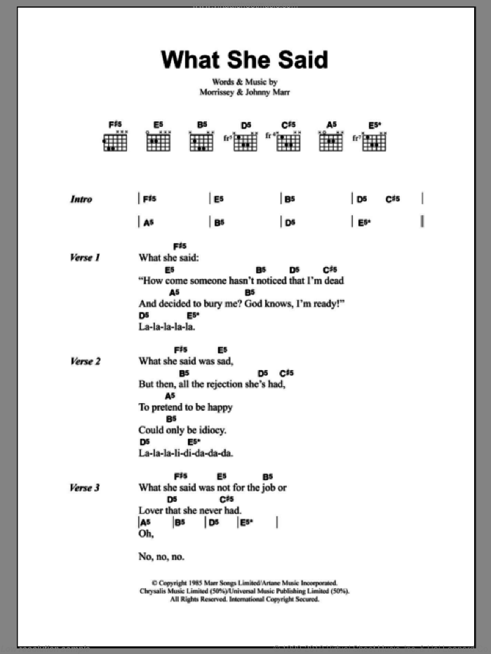 What She Said sheet music for guitar (chords) by The Smiths, Johnny Marr and Steven Morrissey, intermediate skill level