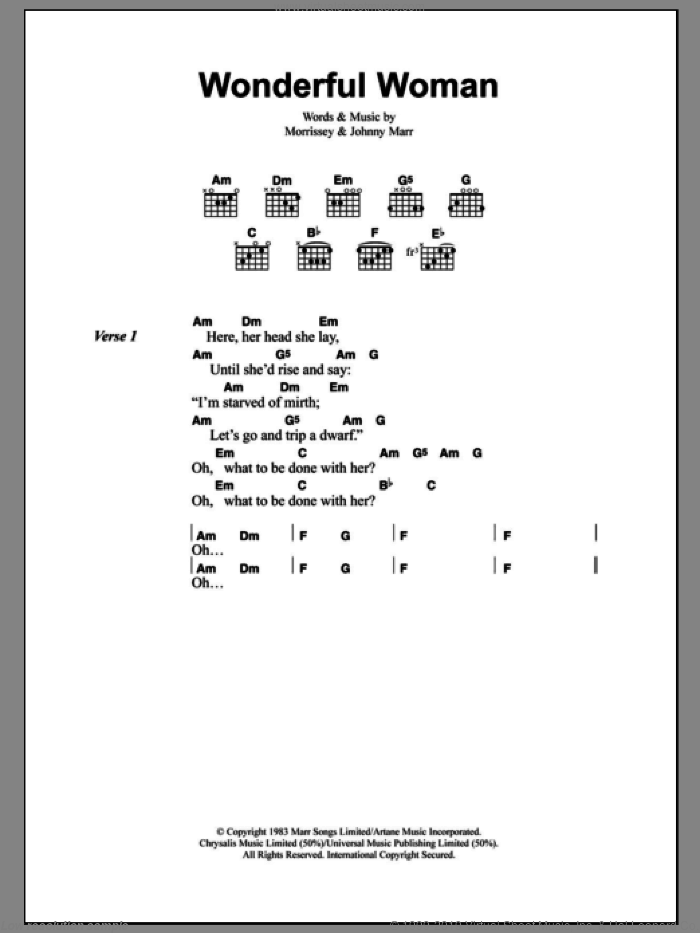 Wonderful Woman sheet music for guitar (chords) by The Smiths, Johnny Marr and Steven Morrissey, intermediate skill level