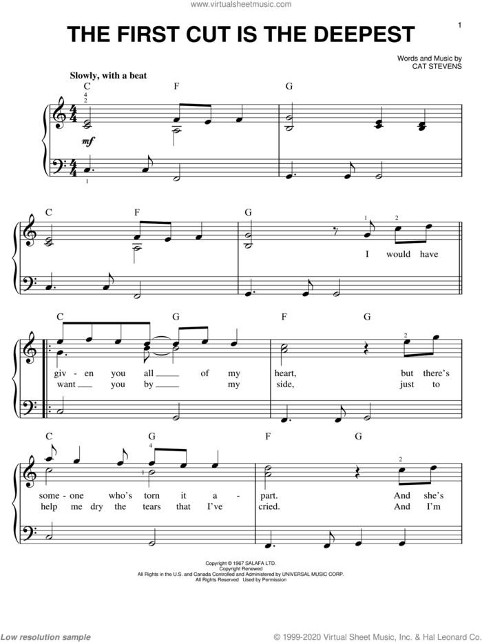 The First Cut Is The Deepest, (easy) sheet music for piano solo by Sheryl Crow, Rod Stewart and Cat Stevens, easy skill level