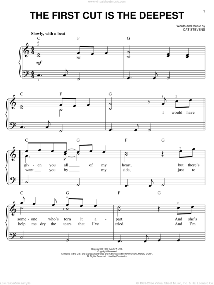 The First Cut Is The Deepest, (easy) sheet music for piano solo by Sheryl Crow, Rod Stewart and Cat Stevens, easy skill level