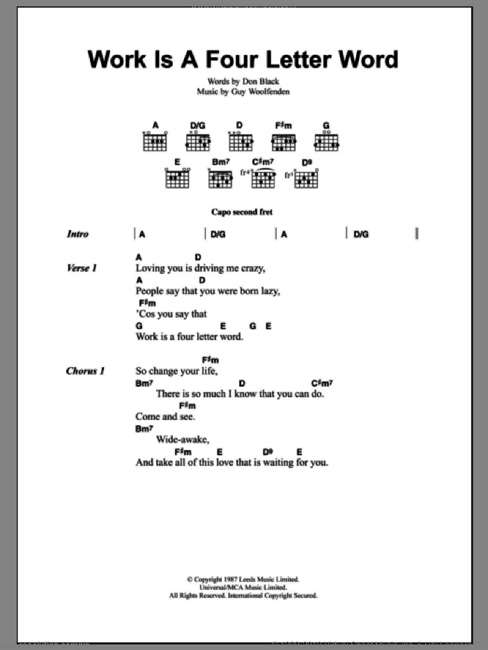 Work Is A Four Letter Word sheet music for guitar (chords) by The Smiths, Don Black and Guy Woolfenden, intermediate skill level