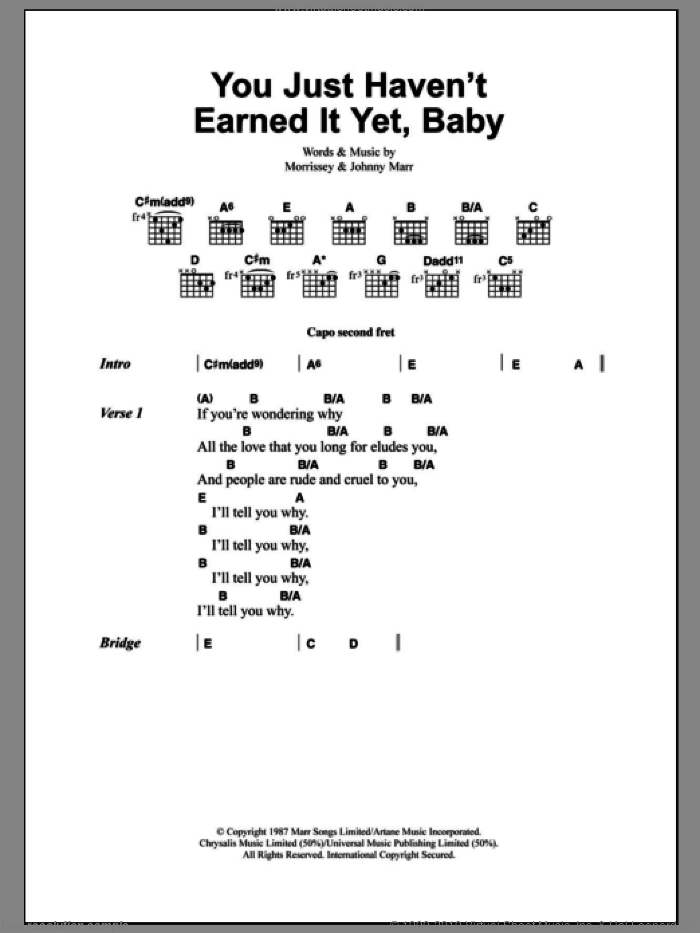 You Just Haven't Earned It Yet, Baby sheet music for guitar (chords) by The Smiths, Johnny Marr and Steven Morrissey, intermediate skill level