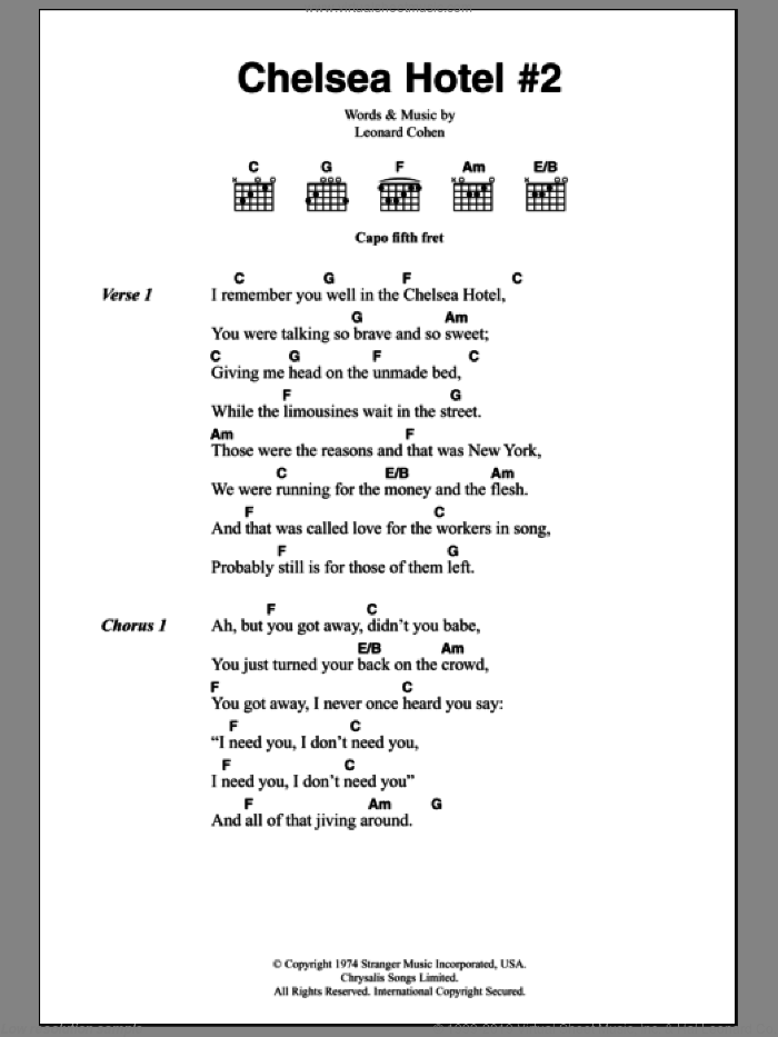 Chelsea Hotel #2 sheet music for guitar (chords) by Leonard Cohen, intermediate skill level
