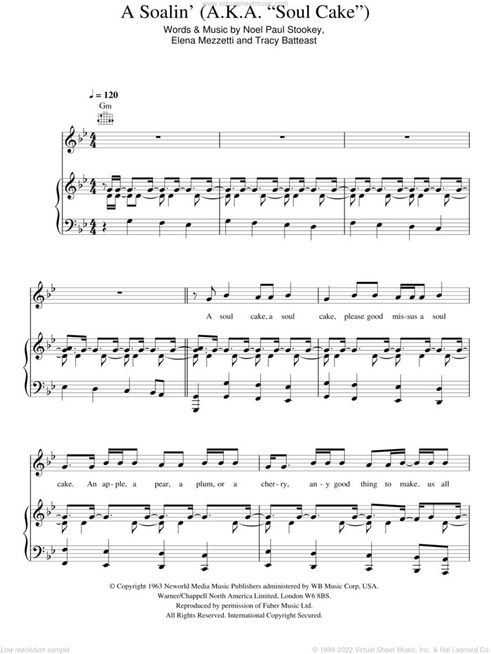 A Soalin' (A.K.A. 'Soul Cake') sheet music for voice, piano or guitar by Sting, Elena Mezzetti, Noel Stookey and Tracy Batteast, intermediate skill level