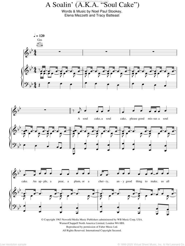 A Soalin' (A.K.A. 'Soul Cake') sheet music for voice, piano or guitar by Sting, Elena Mezzetti, Noel Stookey and Tracy Batteast, intermediate skill level