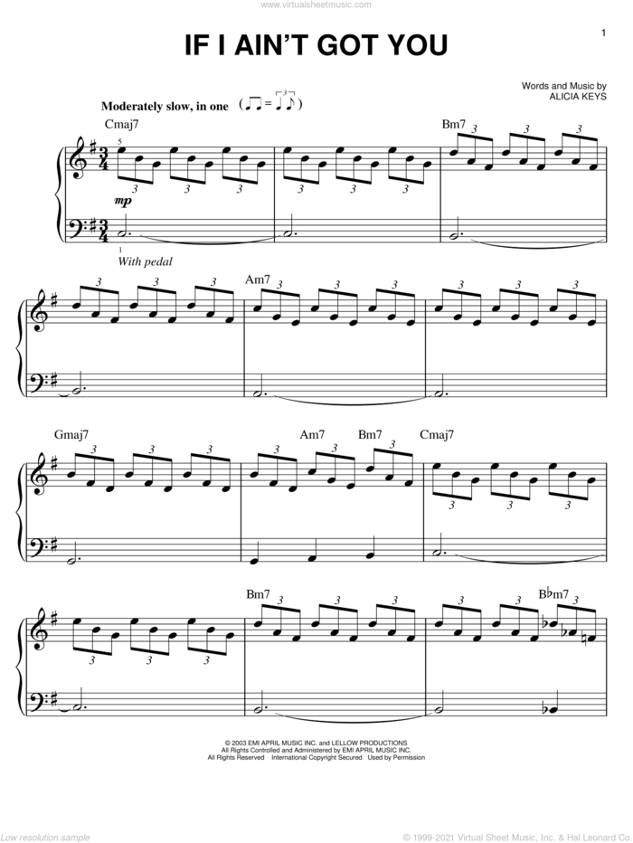 If I Ain't Got You sheet music for piano solo by Alicia Keys, easy skill level