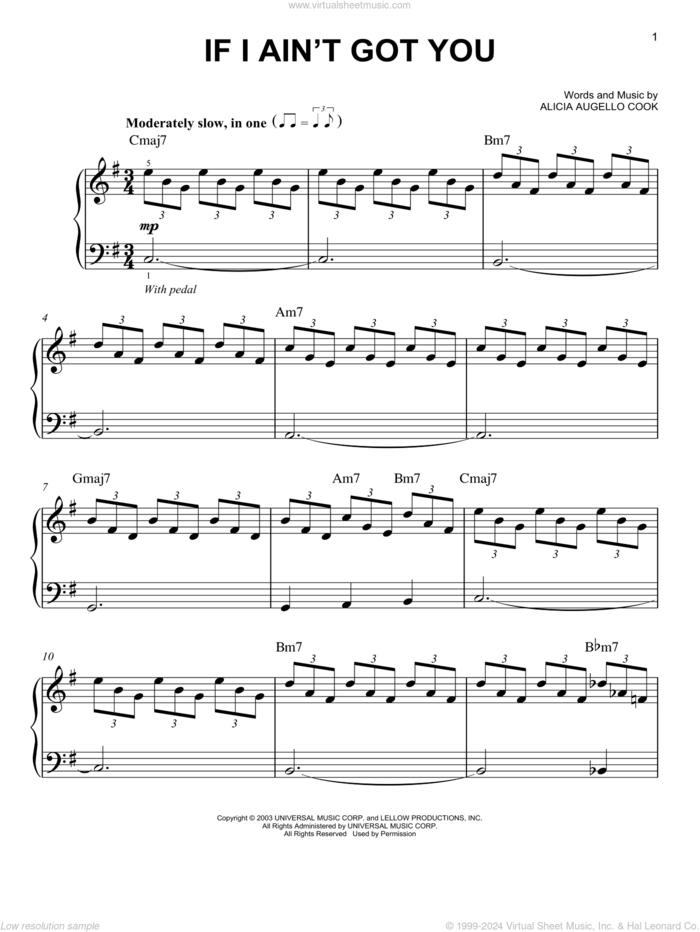 If I Ain't Got You sheet music for piano solo by Alicia Keys, easy skill level