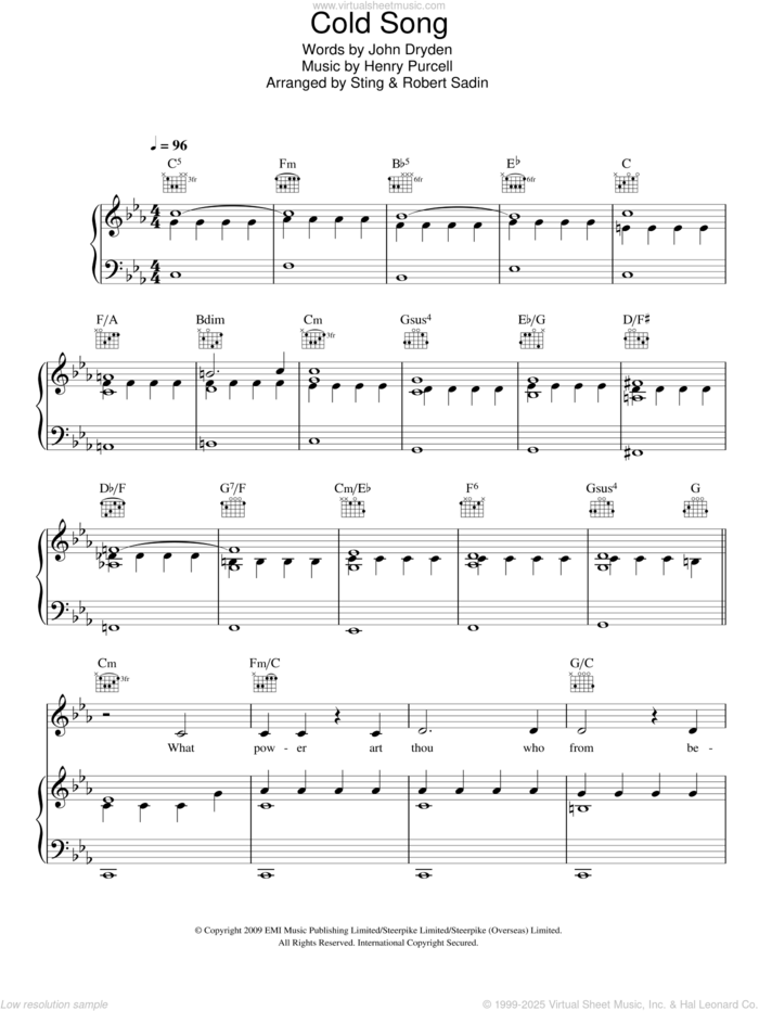 Cold Song sheet music for voice, piano or guitar by Sting, Robert Sadin, Henry Purcell and John Dryden, intermediate skill level