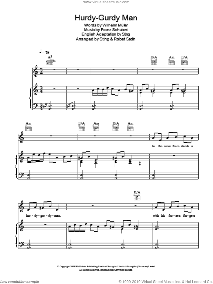 Hurdy-Gurdy Man sheet music for voice, piano or guitar by Sting, Robert Sadin, Franz Schubert and Wilhelm Muller, intermediate skill level
