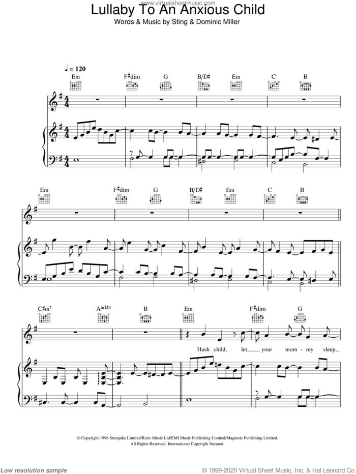 Lullaby For An Anxious Child sheet music for voice, piano or guitar by Sting and Dominic Miller, intermediate skill level