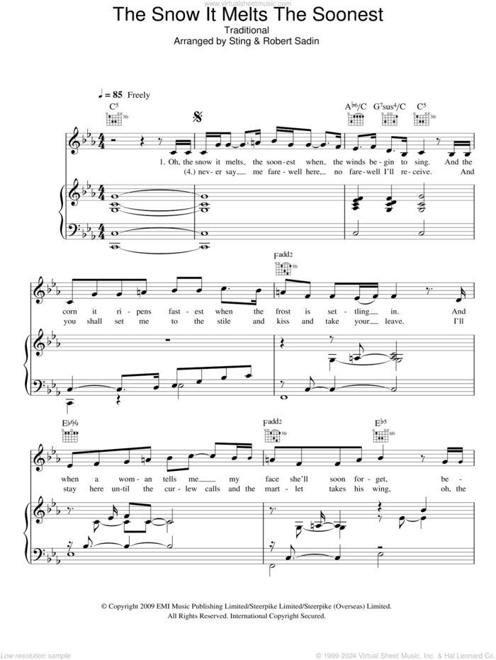 The Snow It Melts The Soonest sheet music for voice, piano or guitar by Sting, Robert Sadin and Miscellaneous, intermediate skill level