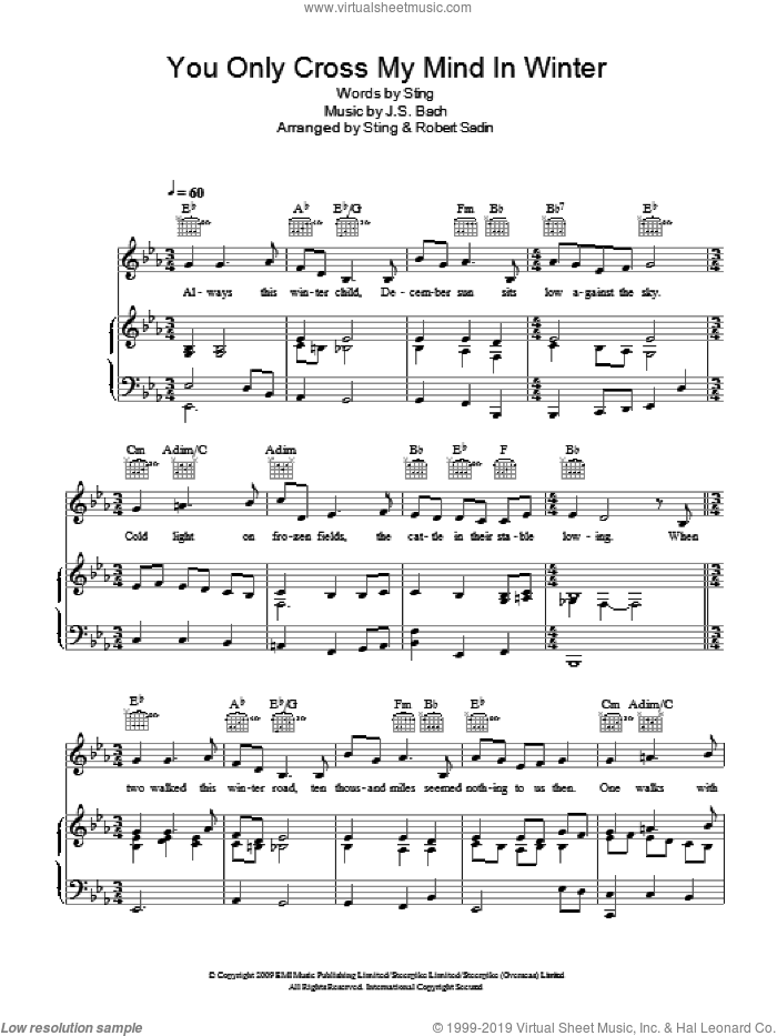 You Only Cross My Mind In Winter sheet music for voice, piano or guitar by Sting, Robert Sadin and Johann Sebastian Bach, intermediate skill level