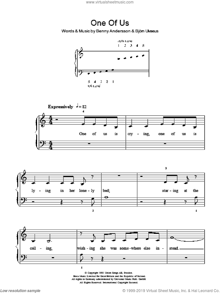One Of Us sheet music for piano solo by ABBA, Benny Andersson, Bjorn Ulvaeus and Miscellaneous, easy skill level