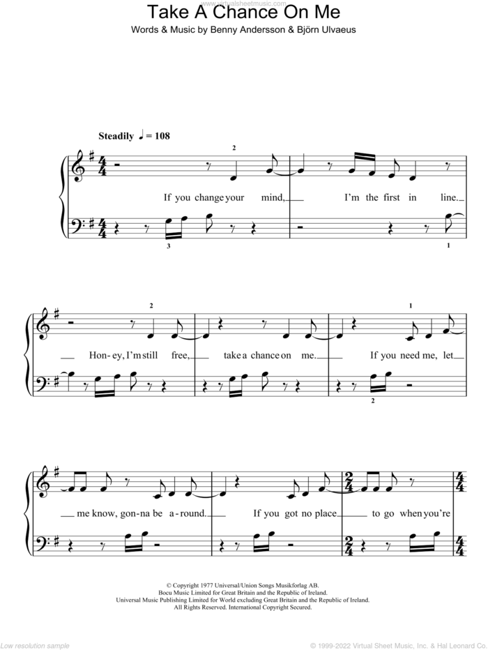 Take A Chance On Me sheet music for piano solo by ABBA, Benny Andersson, Bjorn Ulvaeus and Miscellaneous, easy skill level