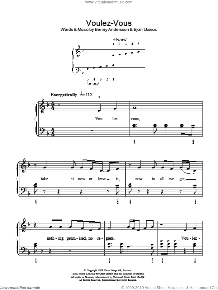 Voulez Vous sheet music for piano solo by ABBA, Benny Andersson and Bjorn Ulvaeus, easy skill level