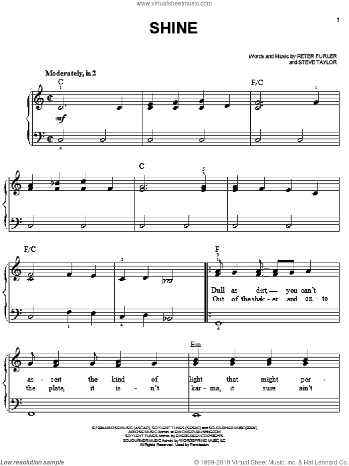 Shine sheet music for piano solo by Newsboys, Peter Furler and Steve Taylor, easy skill level