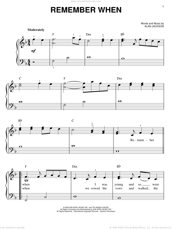Remember When sheet music for piano solo by Alan Jackson, easy skill level