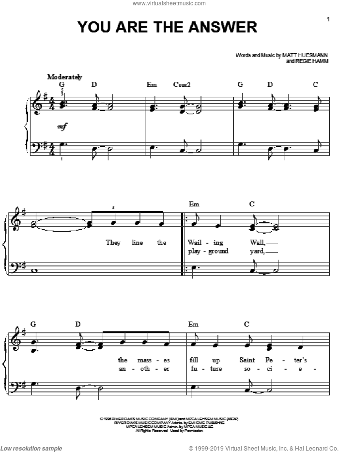 You Are The Answer sheet music for piano solo by Point Of Grace, Matt Huesmann and Regie Hamm, easy skill level