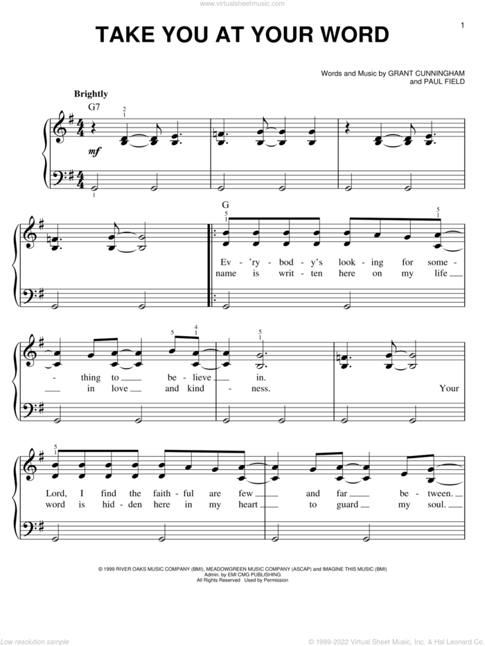 Take You At Your Word sheet music for piano solo by Avalon, Grant Cunningham and Paul Field, easy skill level