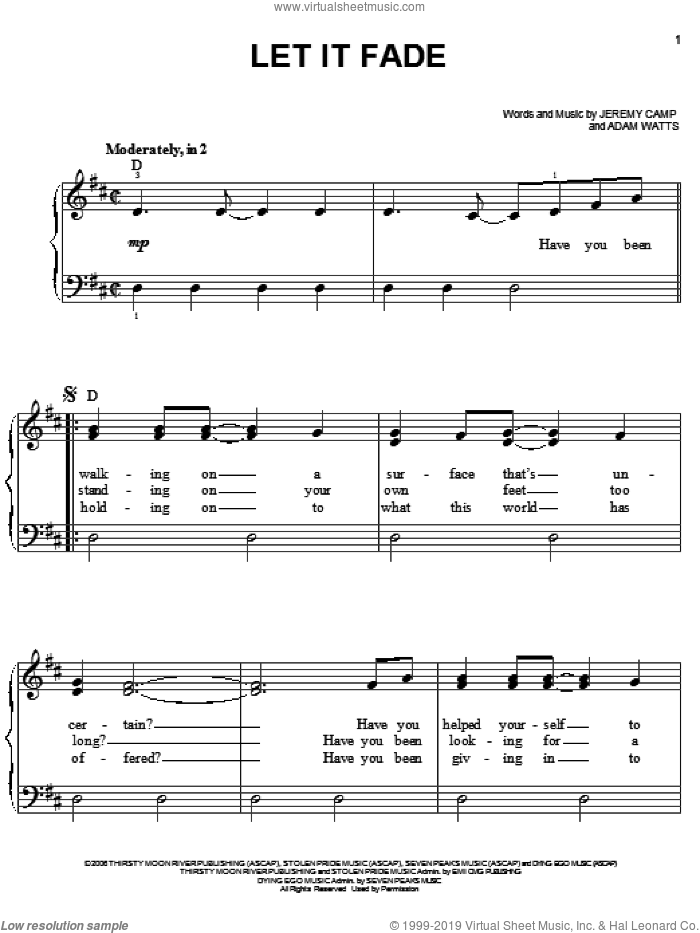 Let It Fade sheet music for piano solo by Jeremy Camp and Adam Watts, easy skill level
