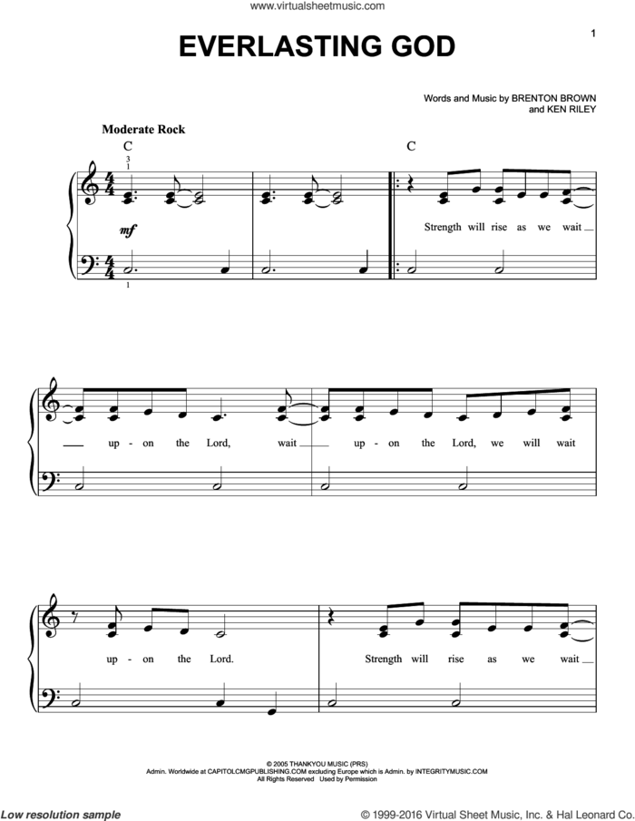 Everlasting God sheet music for piano solo by Lincoln Brewster, Chris Tomlin, Brenton Brown and Ken Riley, easy skill level