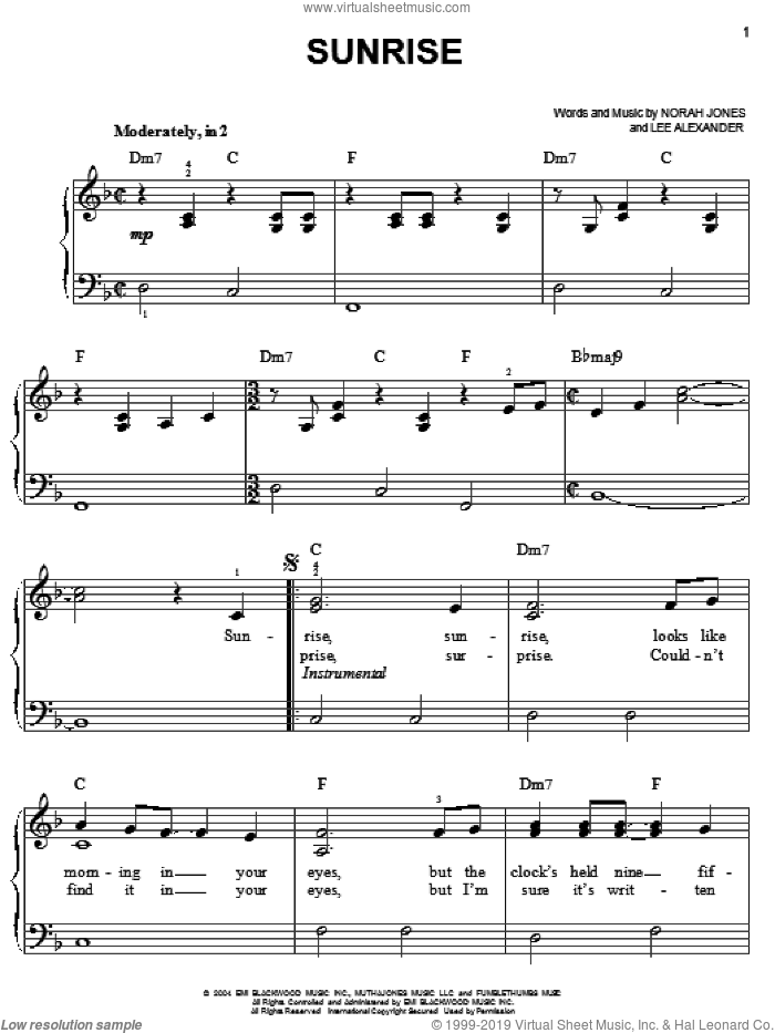 Sunrise, (easy) sheet music for piano solo by Norah Jones and Lee Alexander, easy skill level