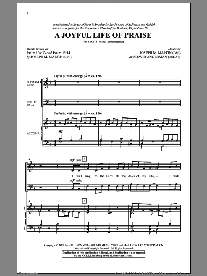 A Joyful Life Of Praise sheet music for choir (SATB: soprano, alto, tenor, bass) by Joseph M. Martin and David Angerman, intermediate skill level