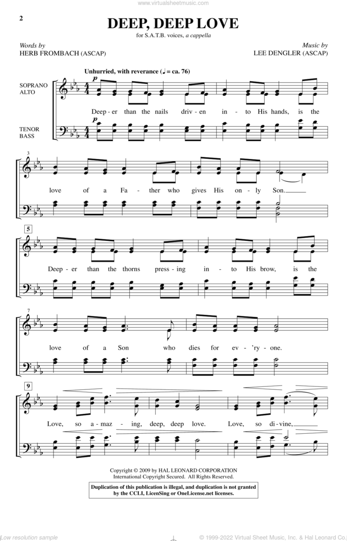Deep, Deep Love sheet music for choir (SATB: soprano, alto, tenor, bass) by Lee Dengler and Herb Frombach, intermediate skill level