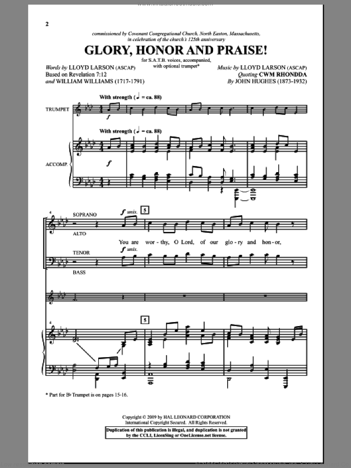 Glory, Honor And Praise sheet music for choir (SATB: soprano, alto, tenor, bass) by Lloyd Larson, John Hughes and William Willams, intermediate skill level