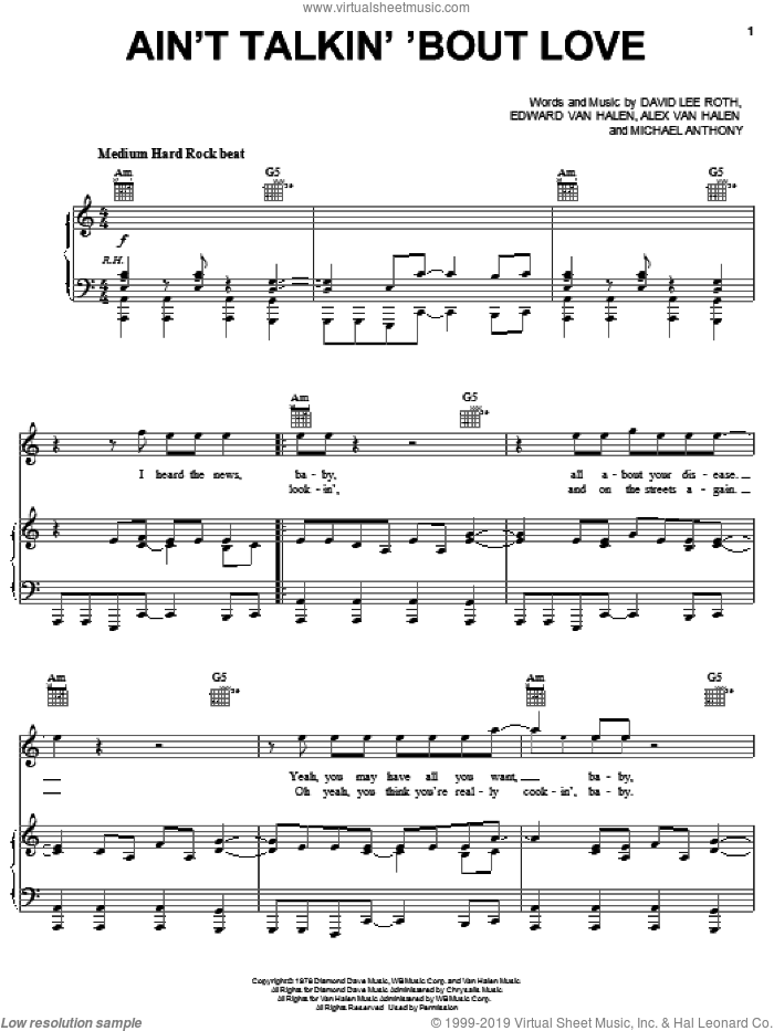 Ain't Talkin' 'Bout Love sheet music for voice, piano or guitar by Edward Van Halen, Alex Van Halen, David Lee Roth and Michael Anthony, intermediate skill level