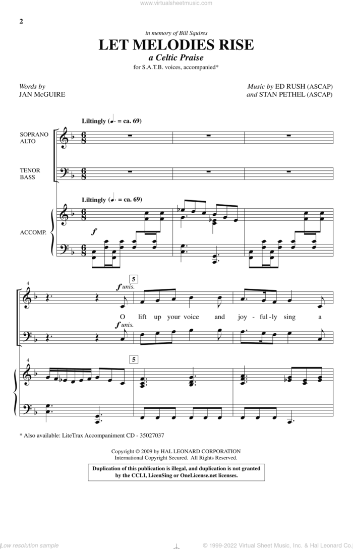 Let Melodies Rise (A Celtic Praise) sheet music for choir (SATB: soprano, alto, tenor, bass) by Stan Pethel, Ed Rush and Jan McGuire, intermediate skill level