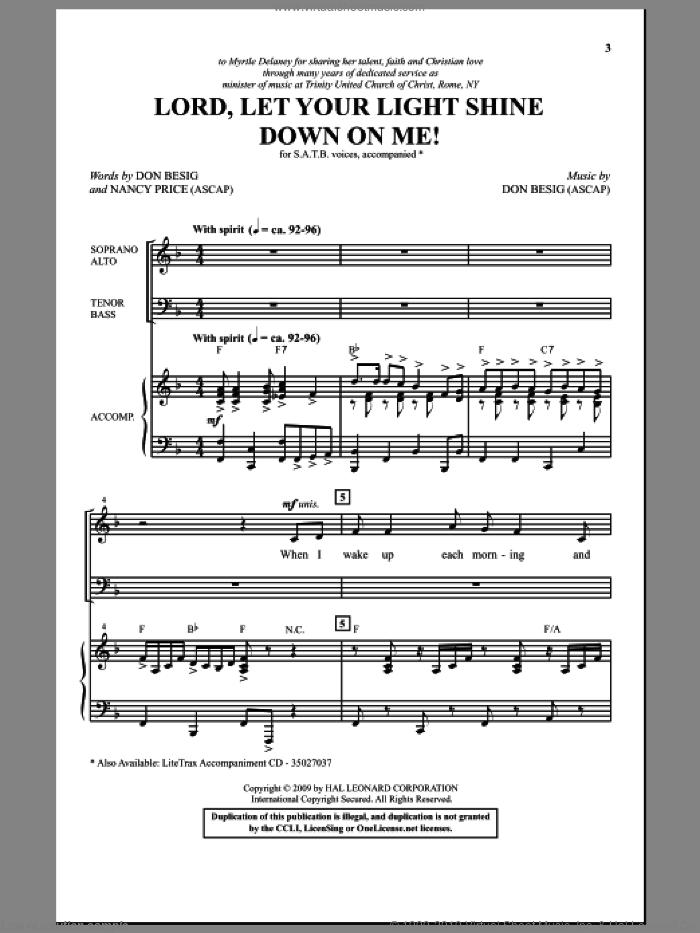 Lord, Let Your Light Shine Down On Me! sheet music for choir (SATB: soprano, alto, tenor, bass) by Don Besig and Nancy Price, intermediate skill level