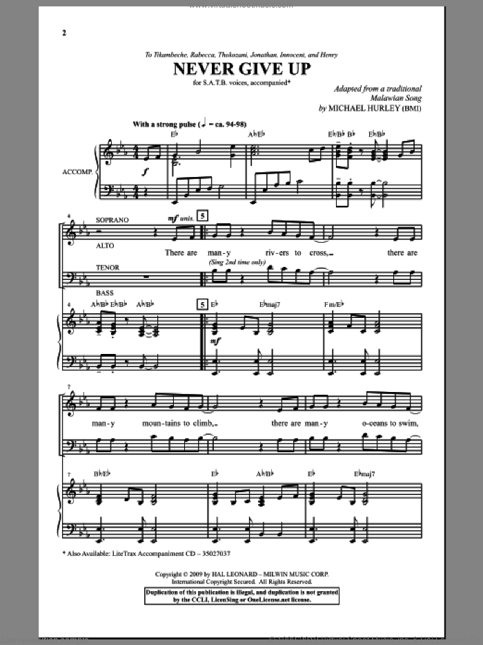 Never Give Up sheet music for choir (SATB: soprano, alto, tenor, bass) by Michael Hurley and Miscellaneous, intermediate skill level