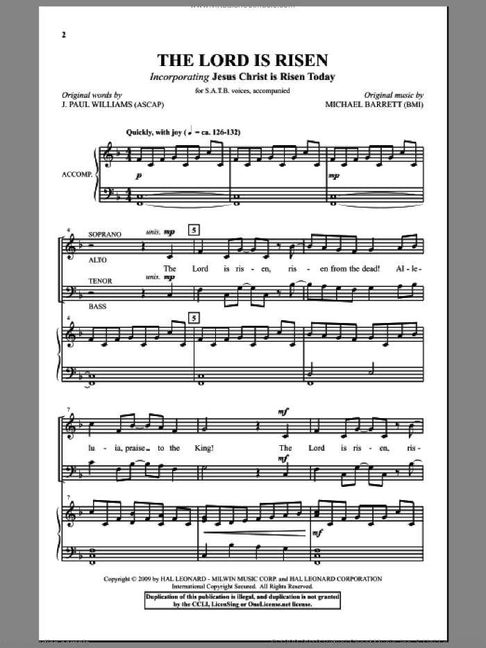 The Lord Is Risen sheet music for choir (SATB: soprano, alto, tenor, bass) by J. Paul Williams and Michael Barrett, intermediate skill level