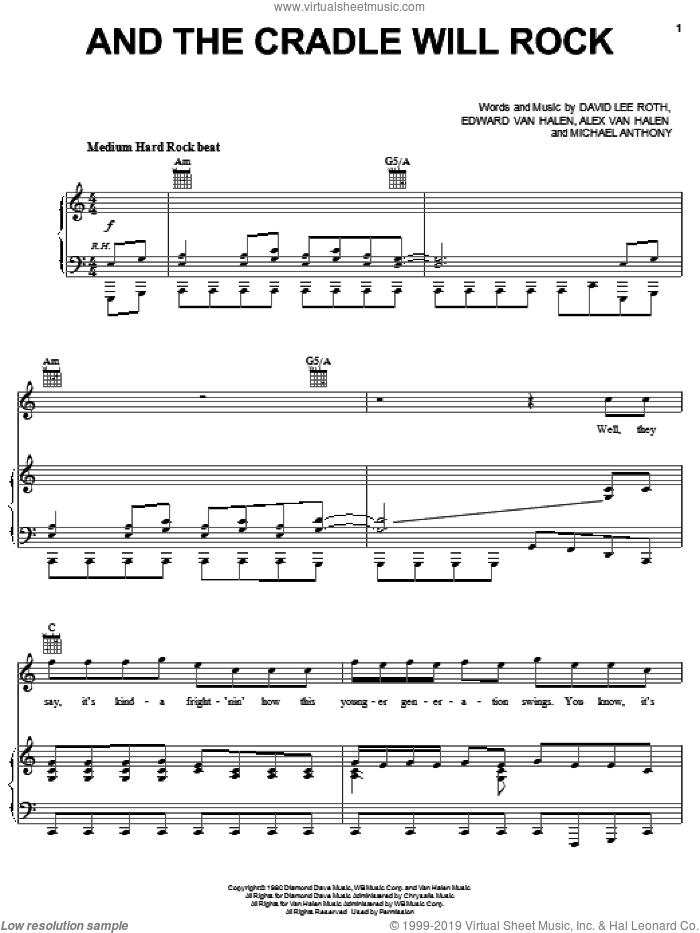 And The Cradle Will Rock sheet music for voice, piano or guitar by Edward Van Halen, Alex Van Halen, David Lee Roth and Michael Anthony, intermediate skill level