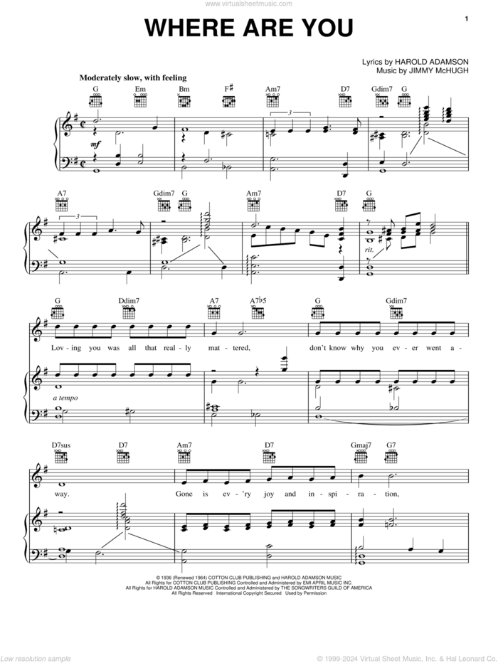 Where Are You sheet music for voice, piano or guitar by Frank Sinatra, Harold Adamson and Jimmy McHugh, intermediate skill level