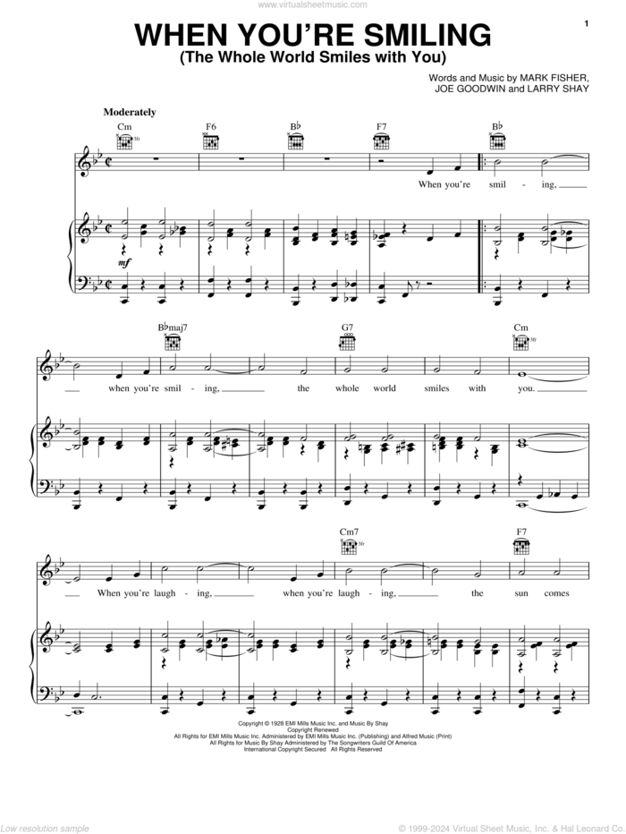 When You're Smiling (The Whole World Smiles With You) sheet music for voice, piano or guitar by Frank Sinatra, Louis Armstrong, Joe Goodwin, Larry Shay and Mark Fisher, intermediate skill level