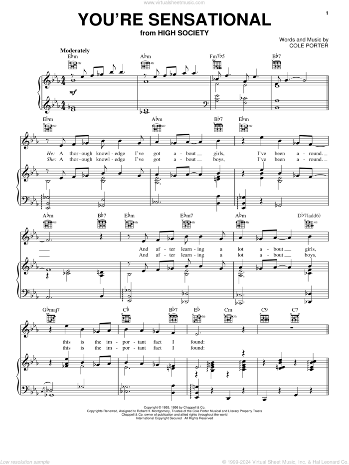 You're Sensational sheet music for voice, piano or guitar by Frank Sinatra and Cole Porter, intermediate skill level