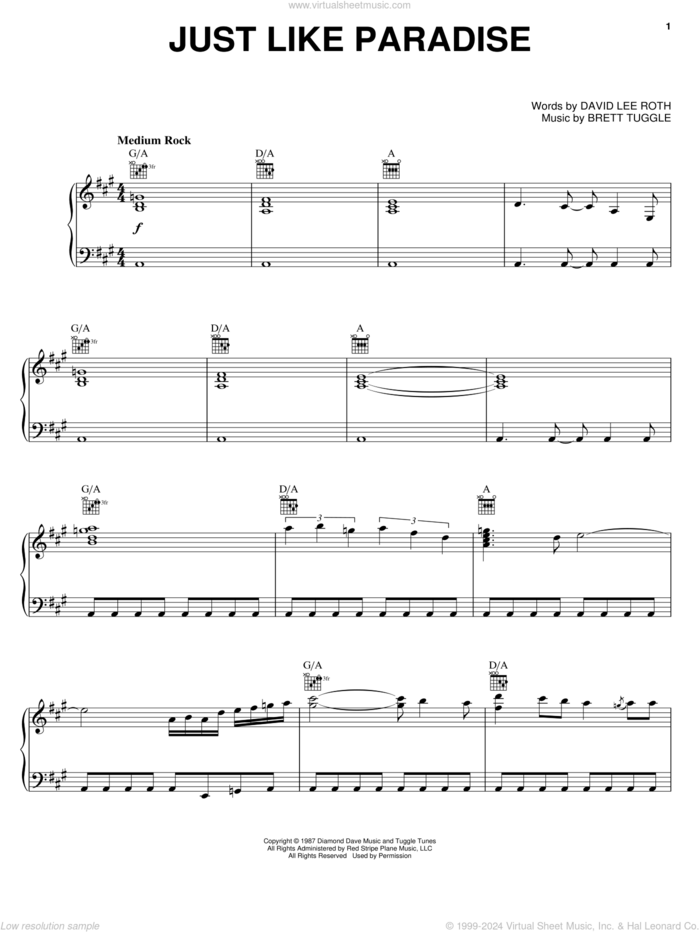 Just Like Paradise sheet music for voice, piano or guitar by David Lee Roth, Rock Of Ages (Musical) and Brett Tuggle, intermediate skill level