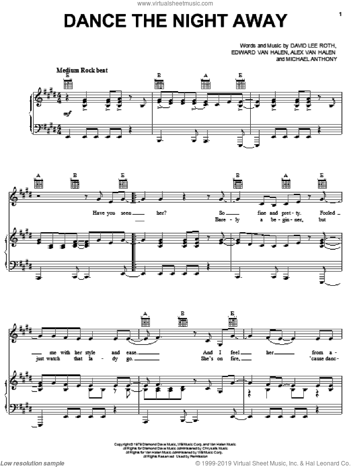Dance The Night Away sheet music for voice, piano or guitar by Edward Van Halen, Alex Van Halen, David Lee Roth and Michael Anthony, intermediate skill level