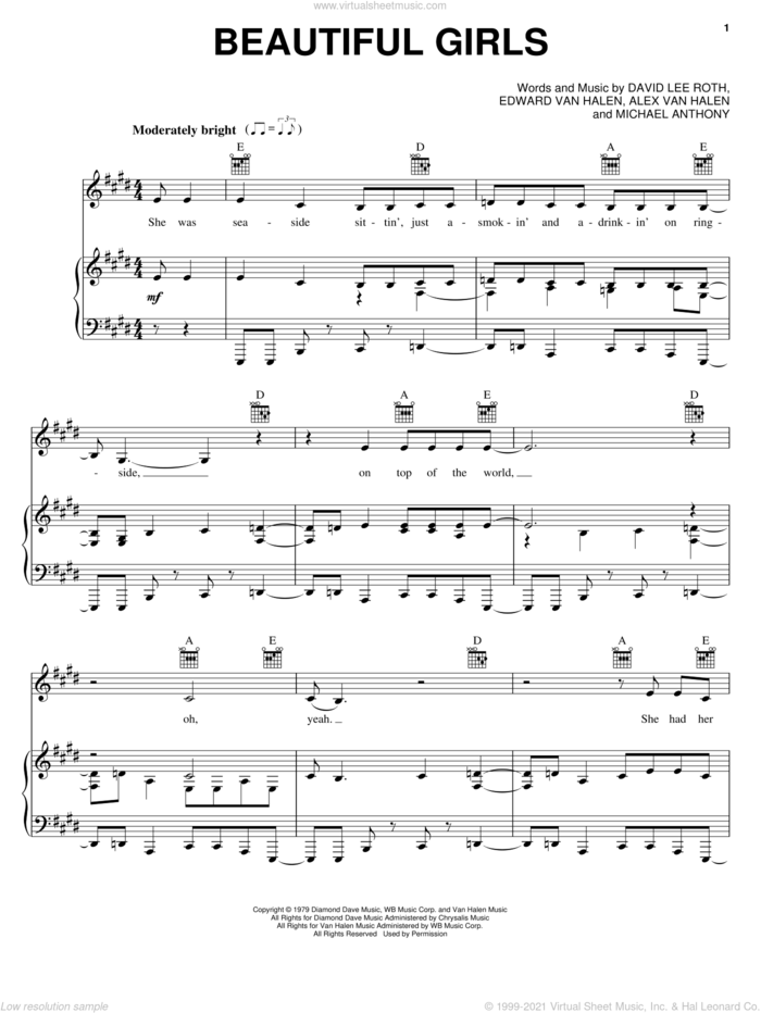 Beautiful Girls sheet music for voice, piano or guitar by Edward Van Halen, Alex Van Halen, David Lee Roth and Michael Anthony, intermediate skill level