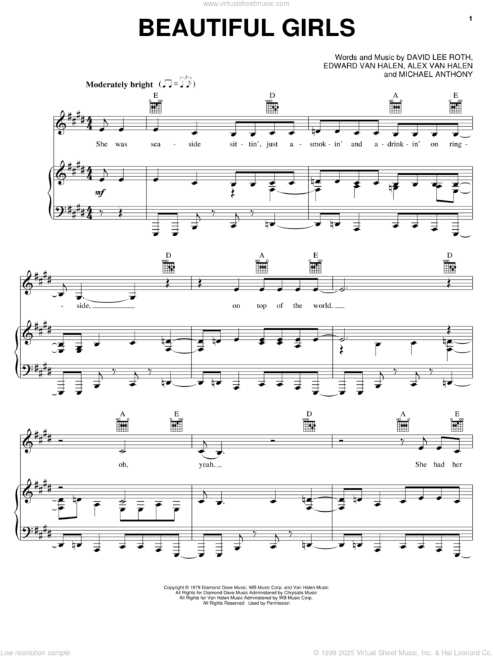 Beautiful Girls sheet music for voice, piano or guitar by Edward Van Halen, Alex Van Halen, David Lee Roth and Michael Anthony, intermediate skill level