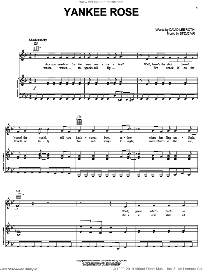Yankee Rose sheet music for voice, piano or guitar by David Lee Roth and Steve Vai, intermediate skill level