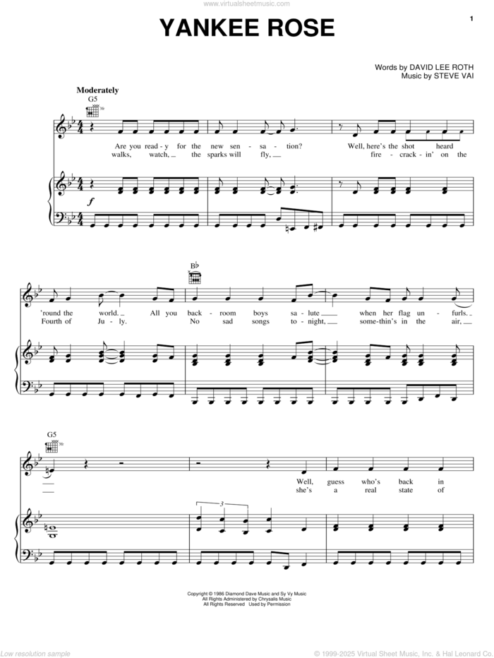 Yankee Rose sheet music for voice, piano or guitar by David Lee Roth and Steve Vai, intermediate skill level